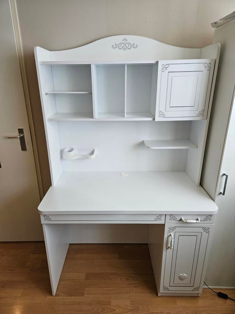 Wit Bureau met opbouw voor kinderkamer, Huis en Inrichting, Bureaus, Zo goed als nieuw, Schoolbureau, Wit, Kabelgoot, Met lades