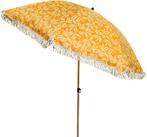 Gele strandparasol met franjes en bladerenpatroon, Ophalen, 1 tot 2 meter
