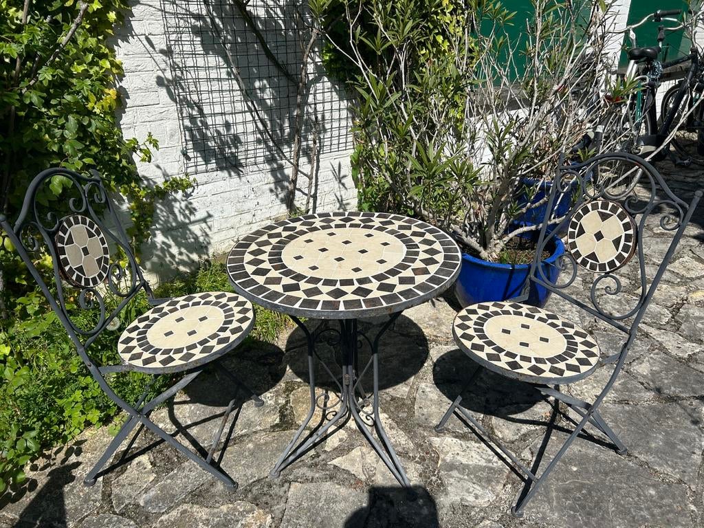 Bohemian tuintafel met 2 stoelen mozaiek tuinset, Tuin en Terras, Tuinsets en Loungesets, Ophalen, Zo goed als nieuw, Overige materialen