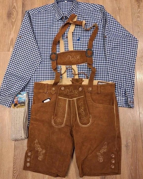 Lederhose 52 oktoberfeest overhemd kousen Tiroler, Ophalen, Zo goed als nieuw, Maat 52/54 (L)
