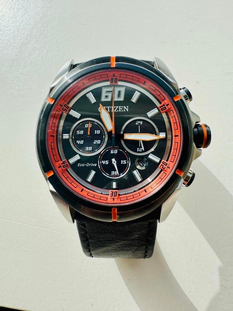 Citizen Eco-Drive Chronograaf Herenhorloge - Zwart/Oranje, Ophalen of Verzenden, Nieuw, Europa