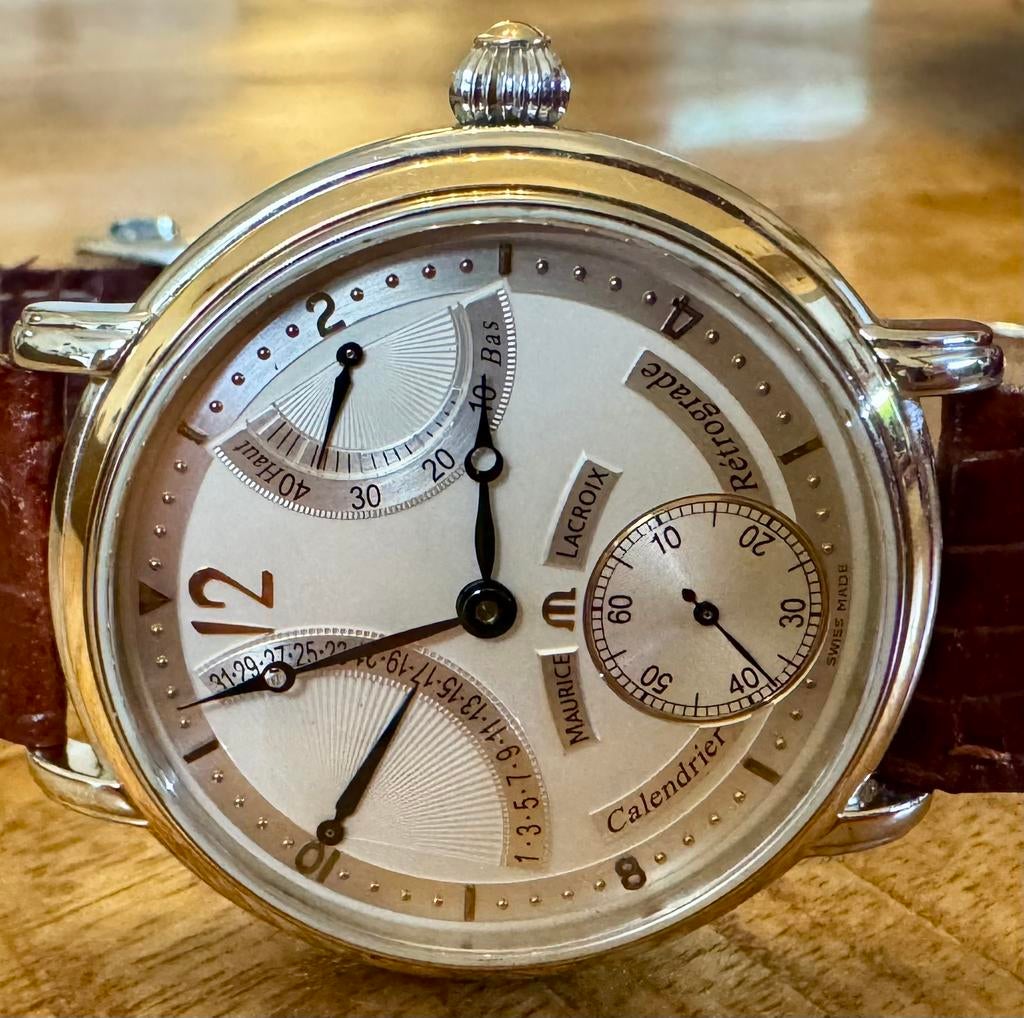 Te ruil: Maurice Lacroix Masterpiece Calendrier Rétrograde, Sieraden, Tassen en Uiterlijk, Horloges | Heren, Overige merken, Leer