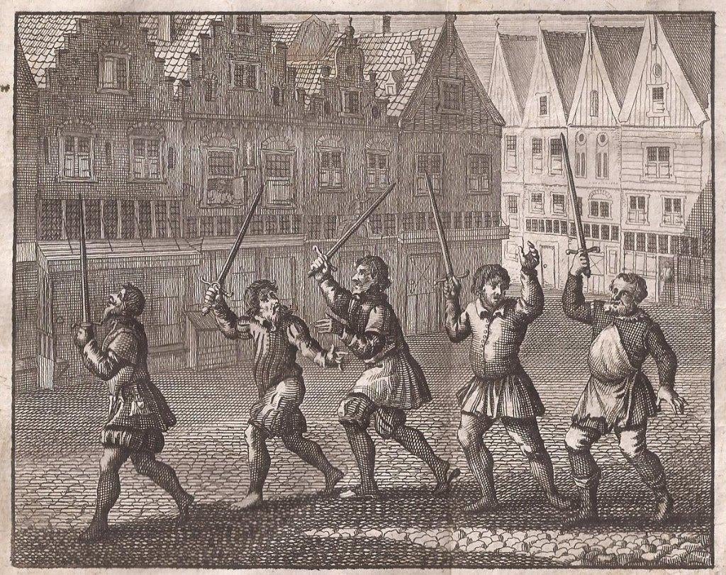 Amsterdam. Zwaardlopers te Amsterdam, 1534, Origineel, Religie, Gravure, 14 cm