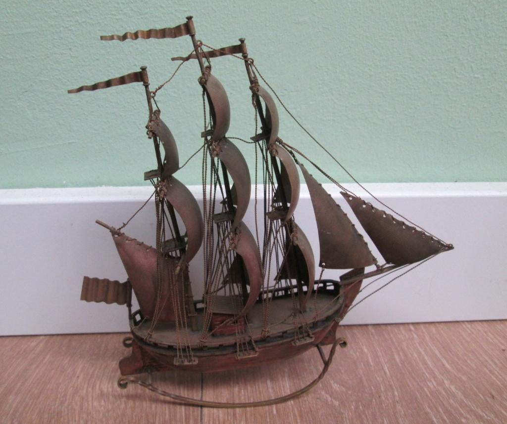 Antieke Miniatuur Koperen Driemaster & dito Tuigwerk 14,5 cm, Antiek en Kunst, Ophalen of Verzenden