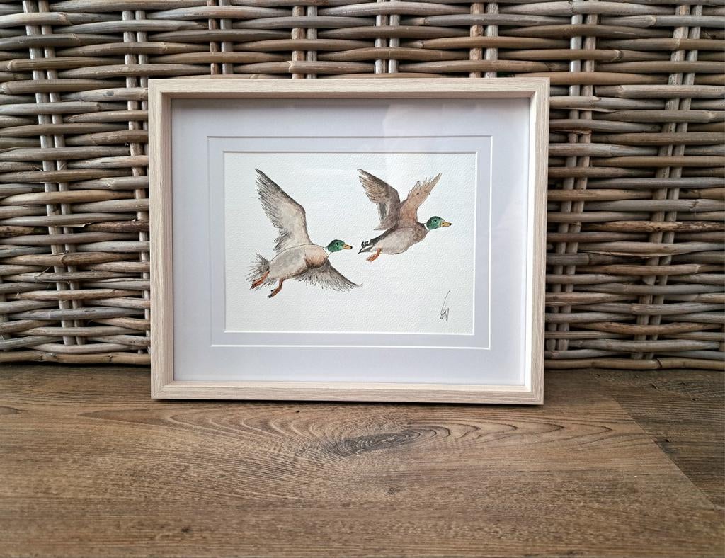 Aquarel schilderij vliegende eenden | origineel en in lijst, Huis en Inrichting, Woonaccessoires | Lijsten, Nieuw, Minder dan 50 cm