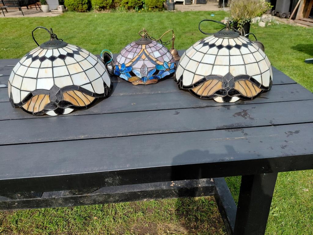 Glas in lood hanglampen, 3 stuks. Bieden vanaf 100.00, Huis en Inrichting, Ophalen, Glas, Minder dan 50 cm