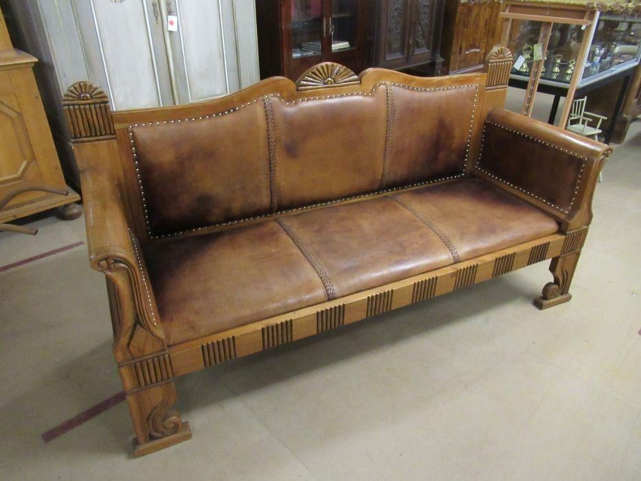 Oer 10850 grote vintage teakhouten bank met leer bekleed, Ophalen