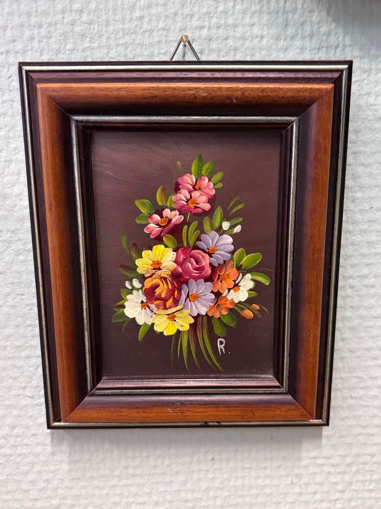 Vintage Mini Olieverf Schilderij Bloemenboeket, Antiek en Kunst, Kunst | Schilderijen | Klassiek, Ophalen of Verzenden