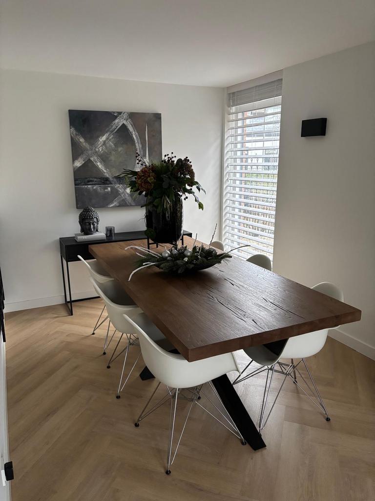 Prachtige notenhouten eettafel met zwart onderstel - 220x100, Huis en Inrichting, 100 tot 150 cm, 200 cm of meer, Ophalen of Verzenden