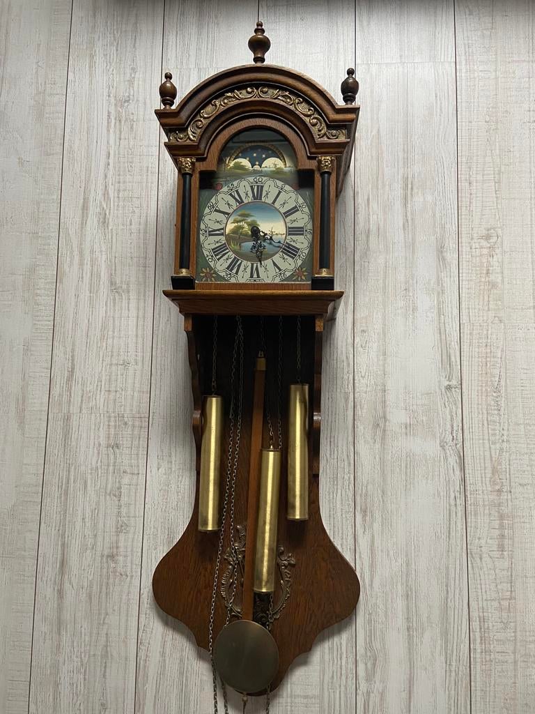 Mooie eiken Westminster staartklok met maanstand., Ophalen