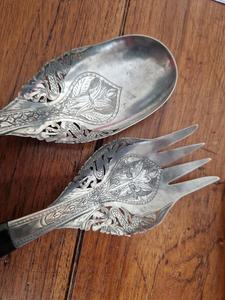Antiek Maleisisch zilveren serveerbestek, handgemaakt, Antiek en Kunst, Ophalen of Verzenden