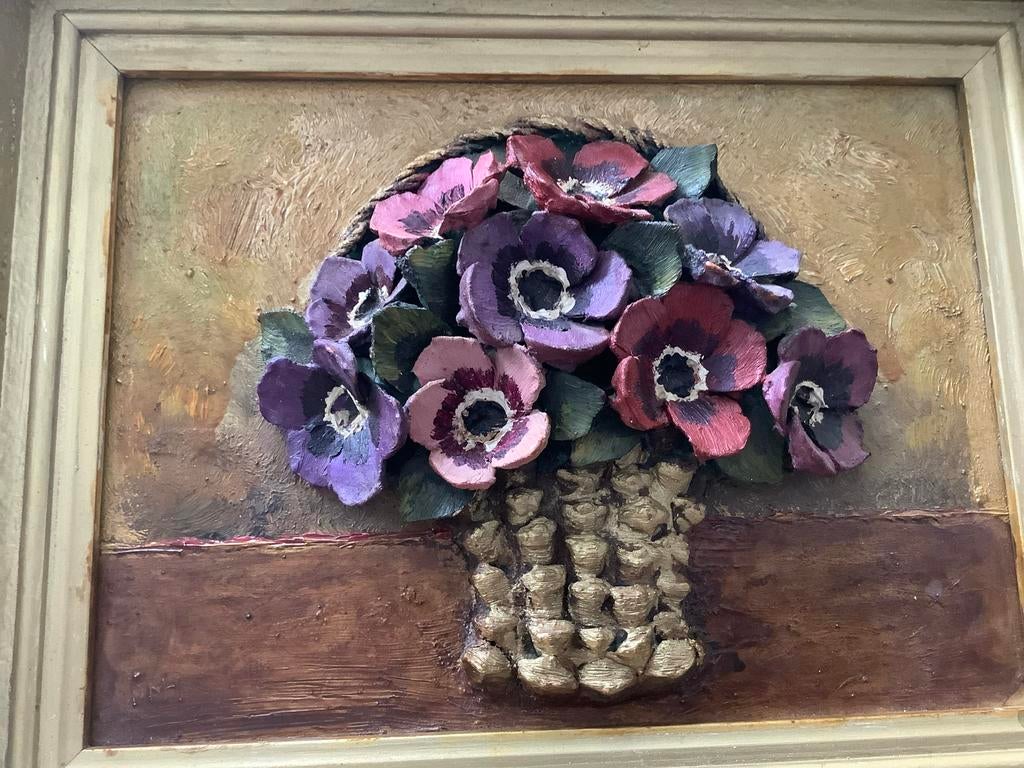 Vintage 3D Bloemenmand Schilderij - Uniek  23 bij 17 cm, Ophalen of Verzenden