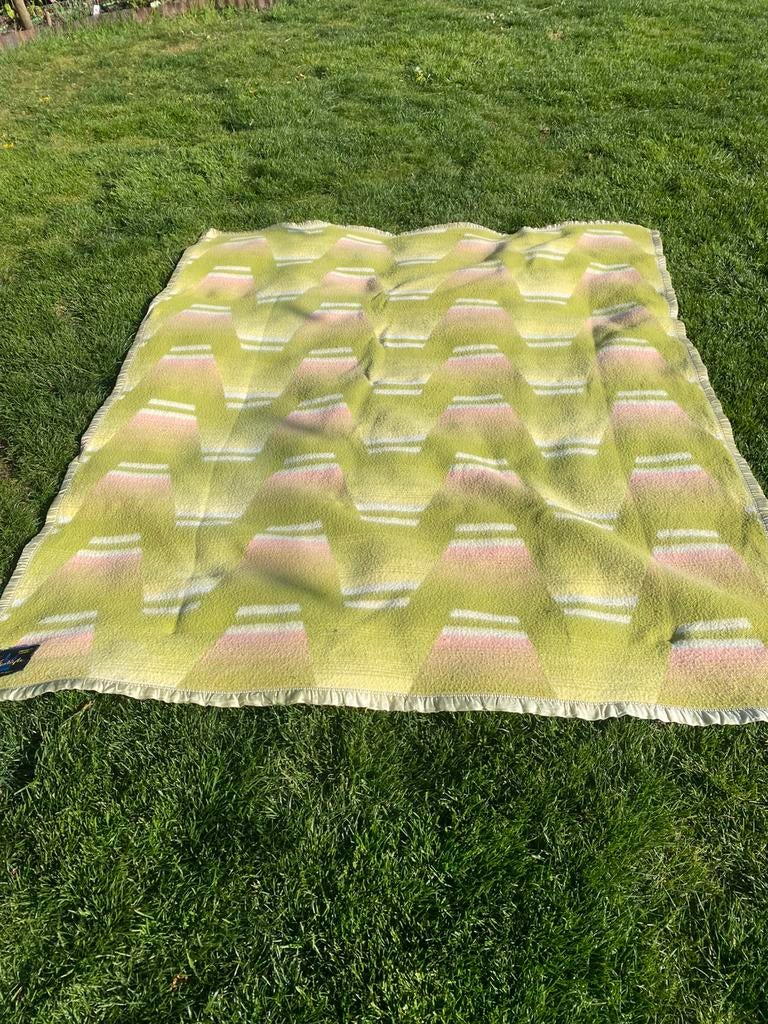 Mooie vintage groene wollen deken/ plaid / picknickkleed, Ophalen of Verzenden, Zo goed als nieuw