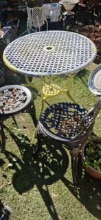 Stijlvol aluminium bistrosetje met bloemenpatroon (brocante), Gebruikt, Bijzettafel, Aluminium, Tuinset