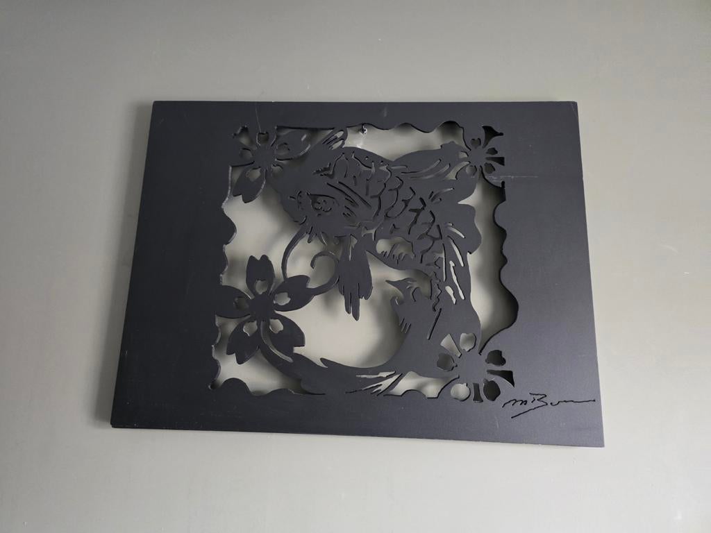 Grote Metalen wandpaneel – Koi karper & bloesem (lasergesned, Ophalen