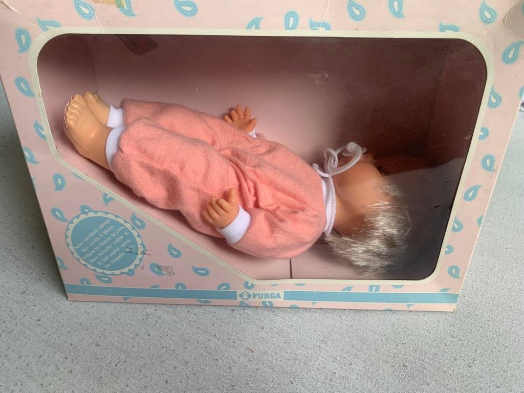 Vintage huilende baby pop in doos, Verzamelen, Poppen, Ophalen of Verzenden, Nieuw, Pop
