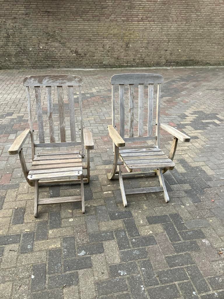 2 verstelbare teakhouten tuinstoelen, Ophalen of Verzenden, Gebruikt, Teakhout, Verstelbaar