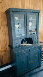 Antieke buffetkast vitrine 195h x 105b x 58d antraciet, Gebruikt, Grenenhout, Ophalen of Verzenden, Antiek, boerenstijl
