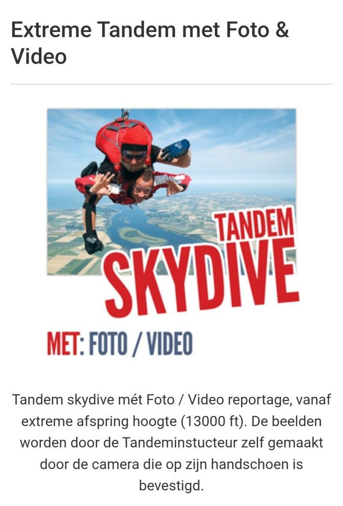 Tandem skydive parachute sprong 13000 ft. Met video opname, Eén persoon, Ticket of Toegangskaart