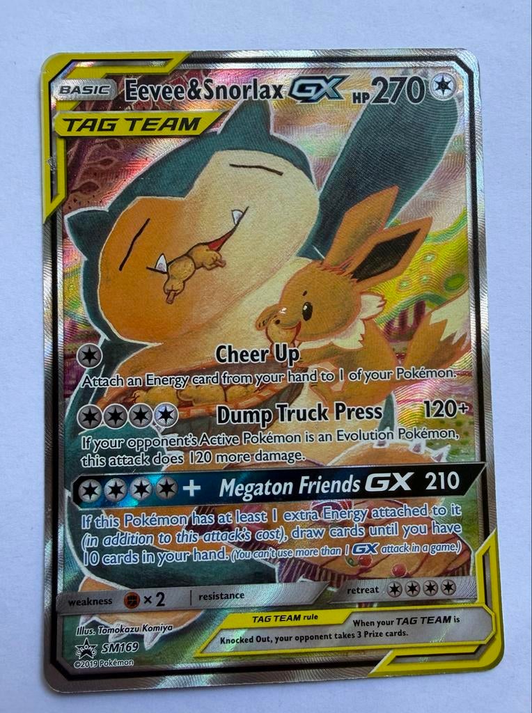 Pokémon Eevee & Snorlax GX TAG TEAM SM169 Kaart, Ophalen of Verzenden, Zo goed als nieuw, Losse kaart, Foil