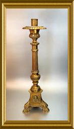 Antieke koperen kandelaar, afbeelding Jozef, Maria en Jezus, Antiek en Kunst, Ophalen of Verzenden, Koper of Brons