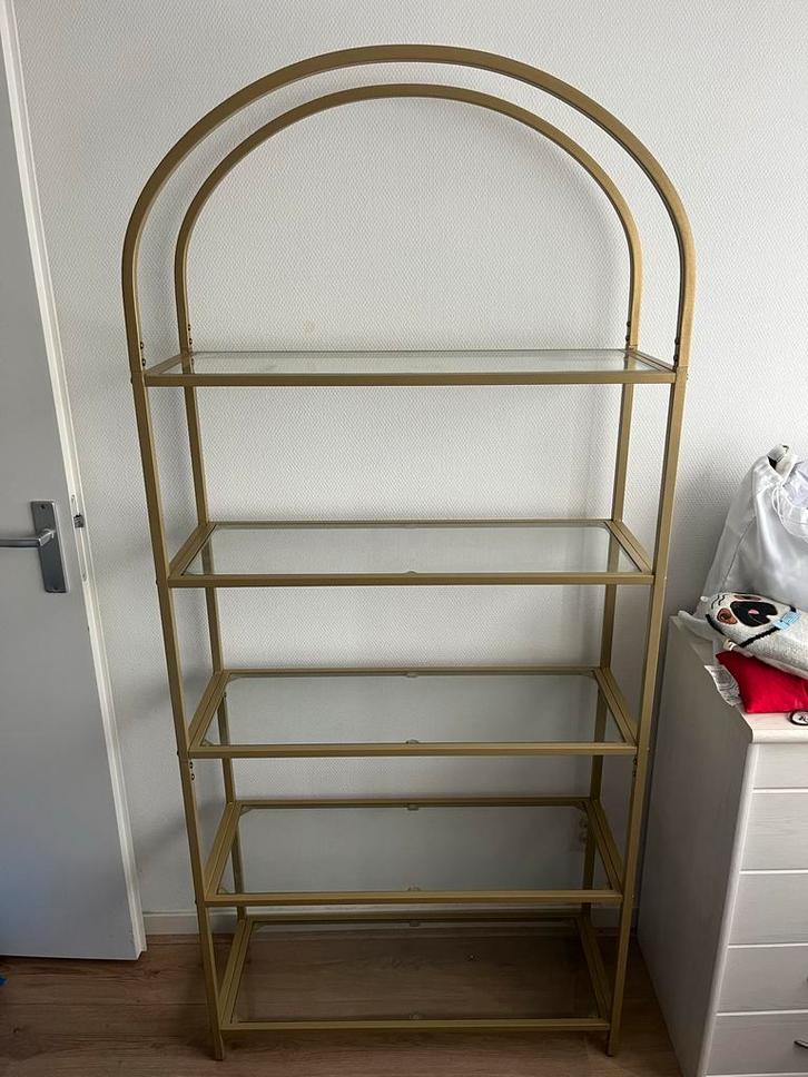 Gouden Stellingkast/Boekenkast Glas & Staal, Huis en Inrichting, Kasten | Stellingkasten, Zo goed als nieuw, Ophalen
