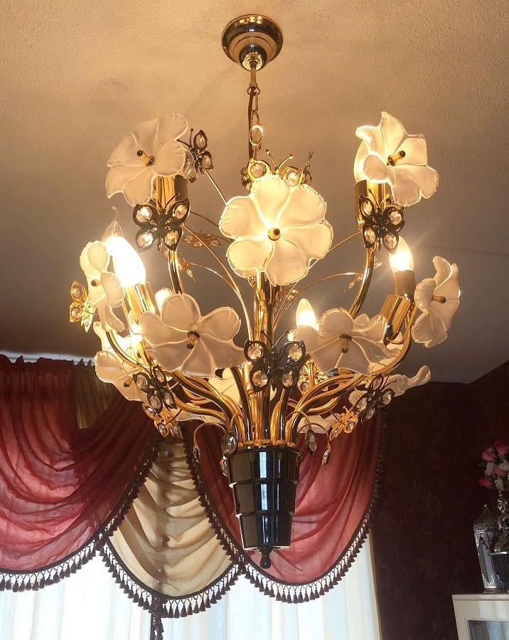 Kroonluchter bloemen met kristal Capodimonte hanglamp goud, Ophalen of Verzenden, Glas, Klassiek