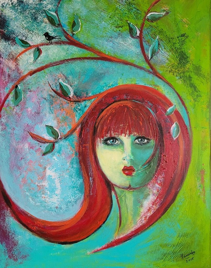 Portret vrouw.Acrylverf op doek.60x80cm, Antiek en Kunst, Kunst | Schilderijen | Modern, Ophalen of Verzenden