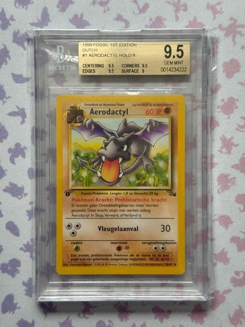 Pokémon Fossil 1999 Dutch Aerodactly 1st ED Rare 16 BGS 9.5, Hobby en Vrije tijd, Verzamelkaartspellen | Pokémon, Nieuw, Losse kaart