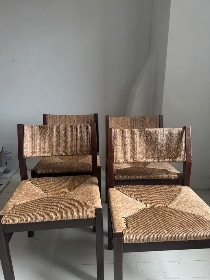 4x vintage rieten stoelen, Huis en Inrichting, Stoelen, Zo goed als nieuw, Vier, Hout, Bruin, Ophalen