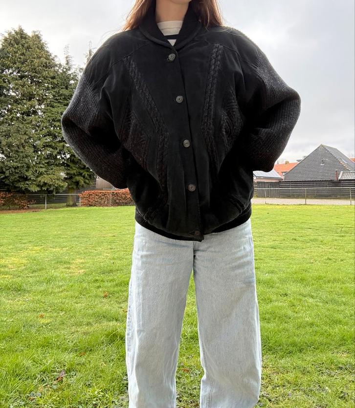 Vintage Westbury Wollen Leren Bomber Jas - XL, Kleding | Dames, Jassen | Zomer, Gedragen, Maat 46/48 (XL) of groter, Zwart, Ophalen of Verzenden