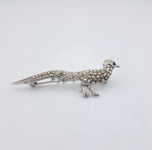 Broche, fazant, zilver en markasiet, ca.1980., Sieraden, Tassen en Uiterlijk, Broches, Zo goed als nieuw, Zilver, Zilver, Ophalen of Verzenden