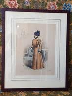 Mooie grote antieke ingelijste mode gravure uit Frankrijk.