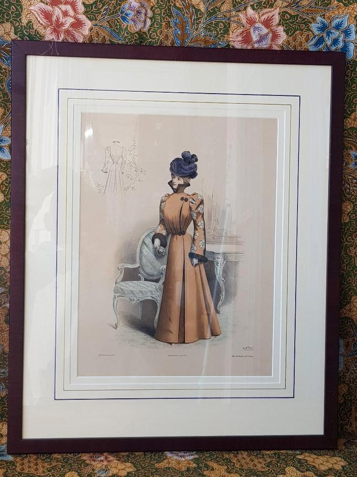 Mooie grote antieke ingelijste mode gravure uit Frankrijk., Antiek en Kunst, Kunst | Etsen en Gravures, Ophalen of Verzenden