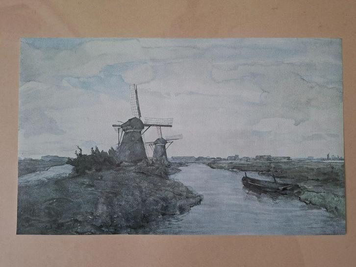 Reproductie aquarel molens in landschap -  Constan Gabriel, Huis en Inrichting, Woonaccessoires | Schilderijen, Tekeningen en Foto's