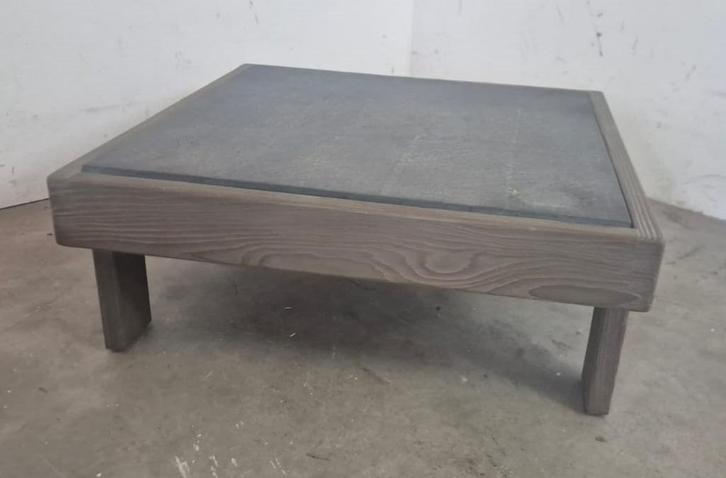Jaren 70 bijzettafel met leistenen blad, Huis en Inrichting, Tafels | Bijzettafels, Rond, Minder dan 55 cm, Hout, Ophalen