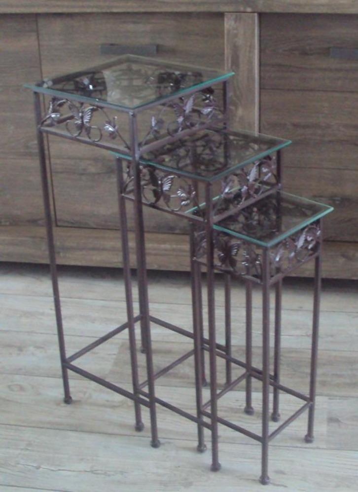 bijzettafel, zuiltjes, pilaartjes, mimiset, glas, metaal, 3x, Huis en Inrichting, Tafels | Bijzettafels, Gebruikt, Vierkant, 60 cm of meer