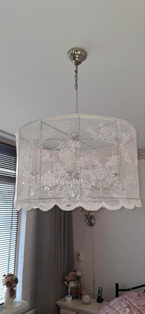 Vintage Kroonluchter met Kant, Huis en Inrichting, Lampen | Kroonluchters, Gebruikt, Glas, Metaal, Stof, Ophalen