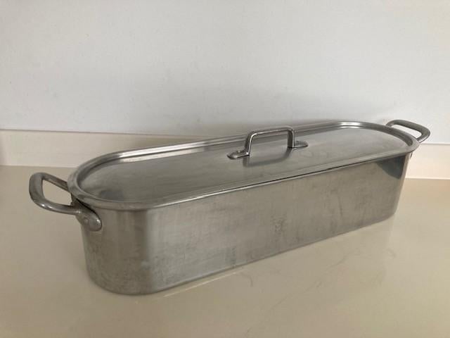 Vintage Franse Visketel, vispan, Tournus France, Keramische plaat, Overige typen, Aluminium, Ophalen of Verzenden