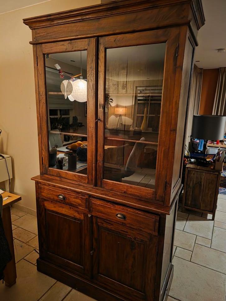 Koloniale Teak Buffetkast vitrine, Huis en Inrichting, Kasten | Buffetkasten, Gebruikt, 200 cm of meer, 25 tot 50 cm, Teakhout