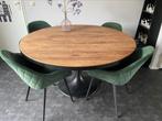 Complete eethoek mango hout ronde tafel + 4 stoelen, 4 tot 6 stoelen, Modern landelijk, Ophalen of Verzenden, Zo goed als nieuw