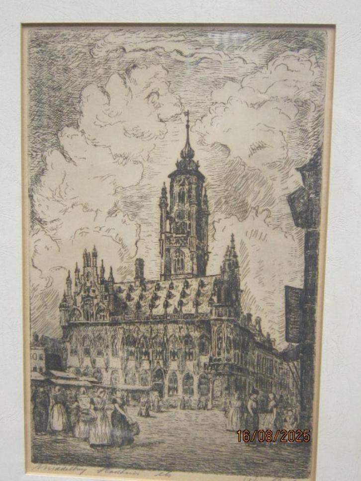 Middelburg, Mooie Ets Stadhuis met mensen in Klederdracht, Antiek en Kunst, Kunst | Etsen en Gravures, Ophalen of Verzenden