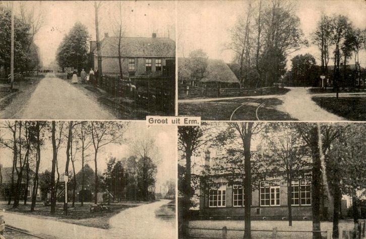 Erm - Dorpsgezichten - Straatkruising en gebouwen, Verzamelen, Ansichtkaarten | Nederland, Gelopen, Drenthe, 1920 tot 1940, Ophalen of Verzenden