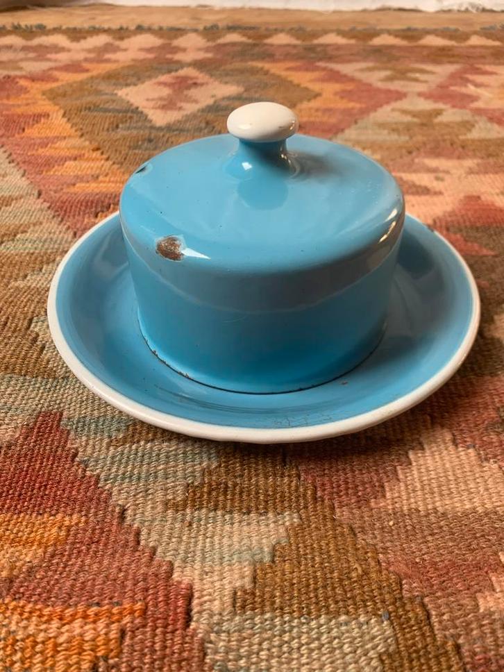 Vintage blauwe botervloot met deksel, Antiek en Kunst, Antiek | Emaille, Ophalen of Verzenden