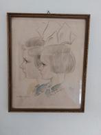 Potloodtekening.(Twee meisjes) in een oud lijstje. Brocante., Antiek en Kunst, Ophalen of Verzenden