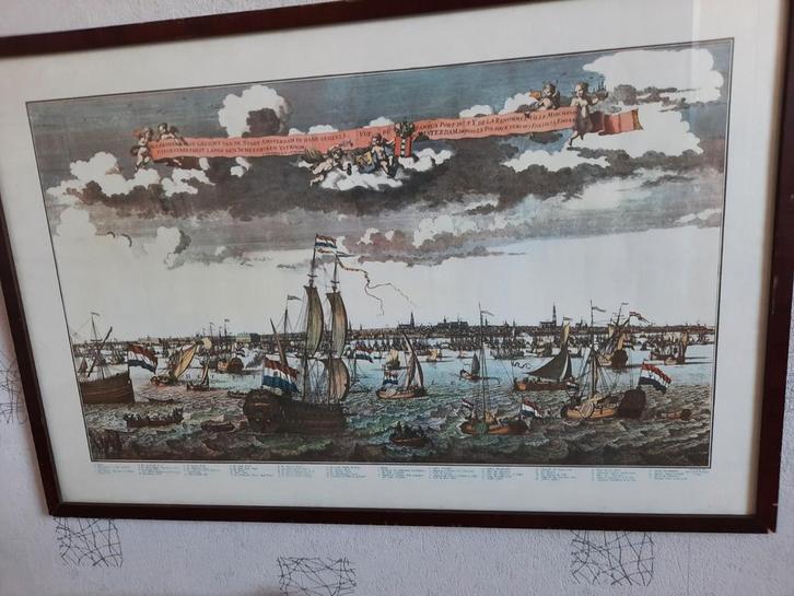 Oude prent van Amsterdamse haven, 47x71 cm., Antiek en Kunst, Kunst | Etsen en Gravures, Ophalen