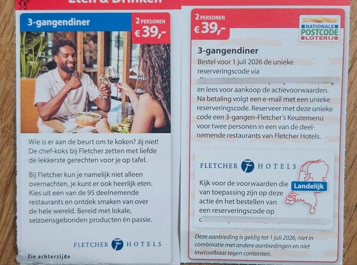 3-gangendiner Fletcher 2 personen € 39,-, Tickets en Kaartjes, Kortingen en Cadeaubonnen, Twee personen, Kortingsbon