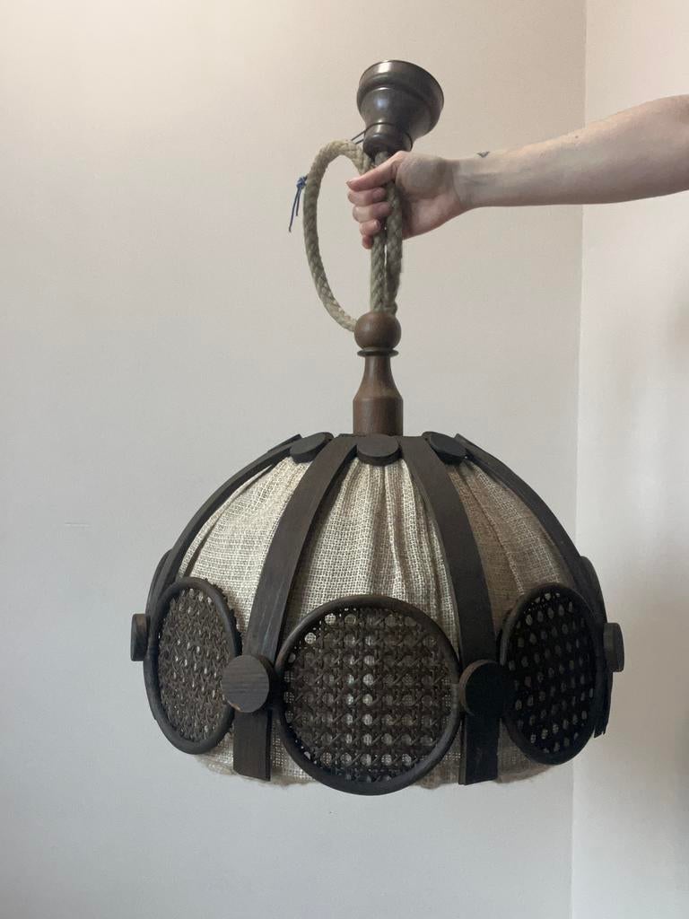 Vintage rotan/webbing hanglamp, 46,5x28,5cm. 70s boho retro, Ophalen, Overige materialen, Gebruikt, Vintage rotan bamboe sixties seventies boho bohemian space age