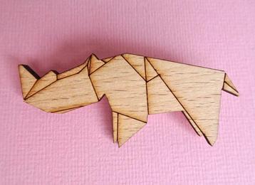 jwg Origami design neushoorn houten broche hout bruin beige beschikbaar voor biedingen