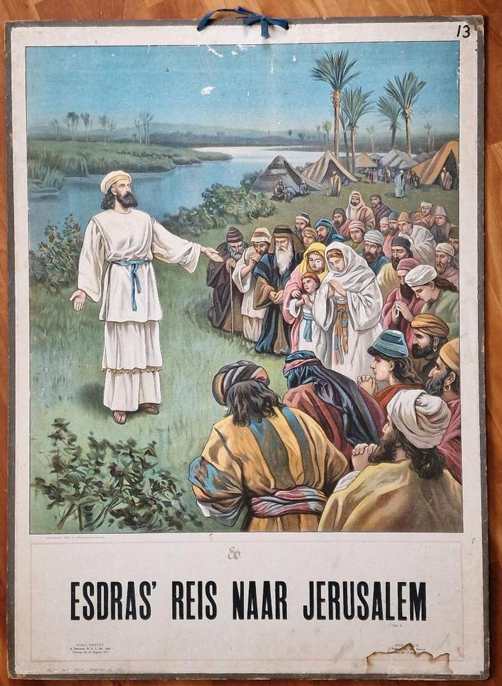 Schoolplaat "Esdras' reis naar Jerusalem", Antiek en Kunst, Antiek | Schoolplaten, Geschiedenis, Ophalen